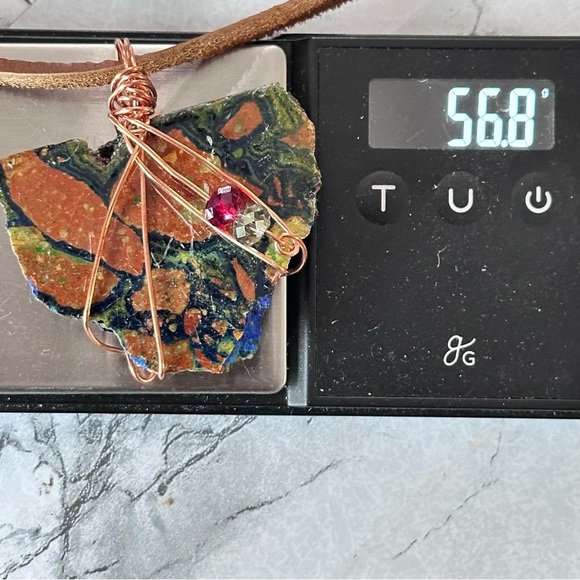 Artisan Wire Wrapped Jasper Bold Stone Pendant Necklace Handmade on Leather Cord - Picture 10 of 10